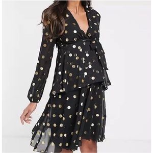 Maternity Midi Dress Tiered Long Sleeve in Black Gold Polka Dot Size 8 New w/Tag